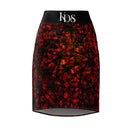 Mosaic Crimson Pencil Skirt with intricate red and black pattern, sleek fit, fashion-forward design.