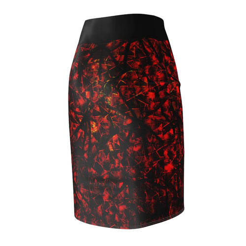 Mosaic Crimson Pencil Skirt with vivid crimson and black pattern, sleek silhouette, and sophisticated style.