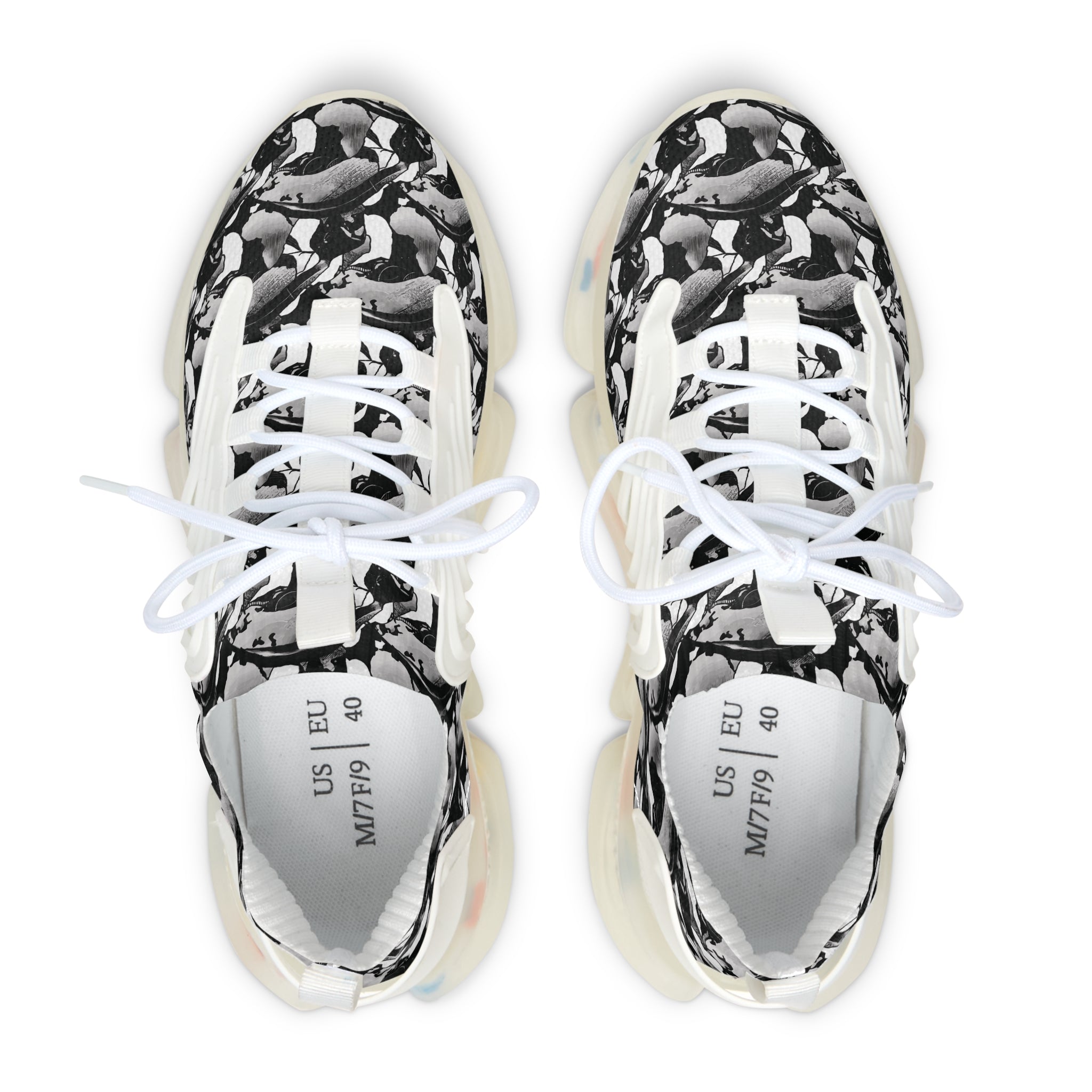 Top view of stylish black and silver abstract print women's mesh sneakers, showcasing modern design and comfort.