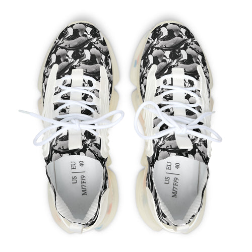 Top view of stylish black and silver abstract print women's mesh sneakers, showcasing modern design and comfort.