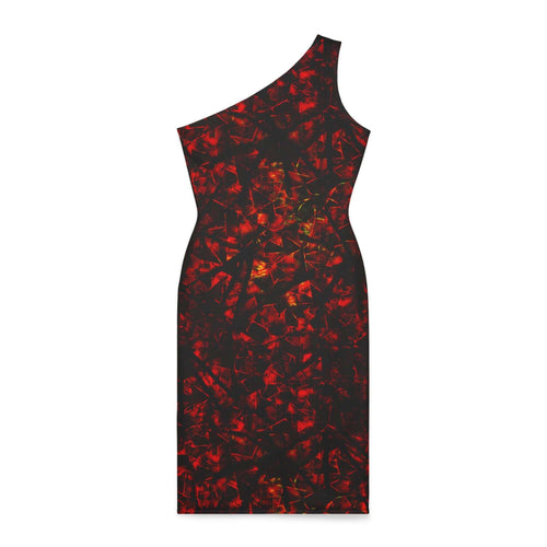 Crimson Mosaic One-Shoulder Dress with bold pattern and knee-length hem, perfect for elegant occasions.