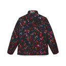 Women's Luminous Fracture Puffer Jacket with neon fractured glass print, showcasing vibrant, chaotic design and modern fashion aesthetics.