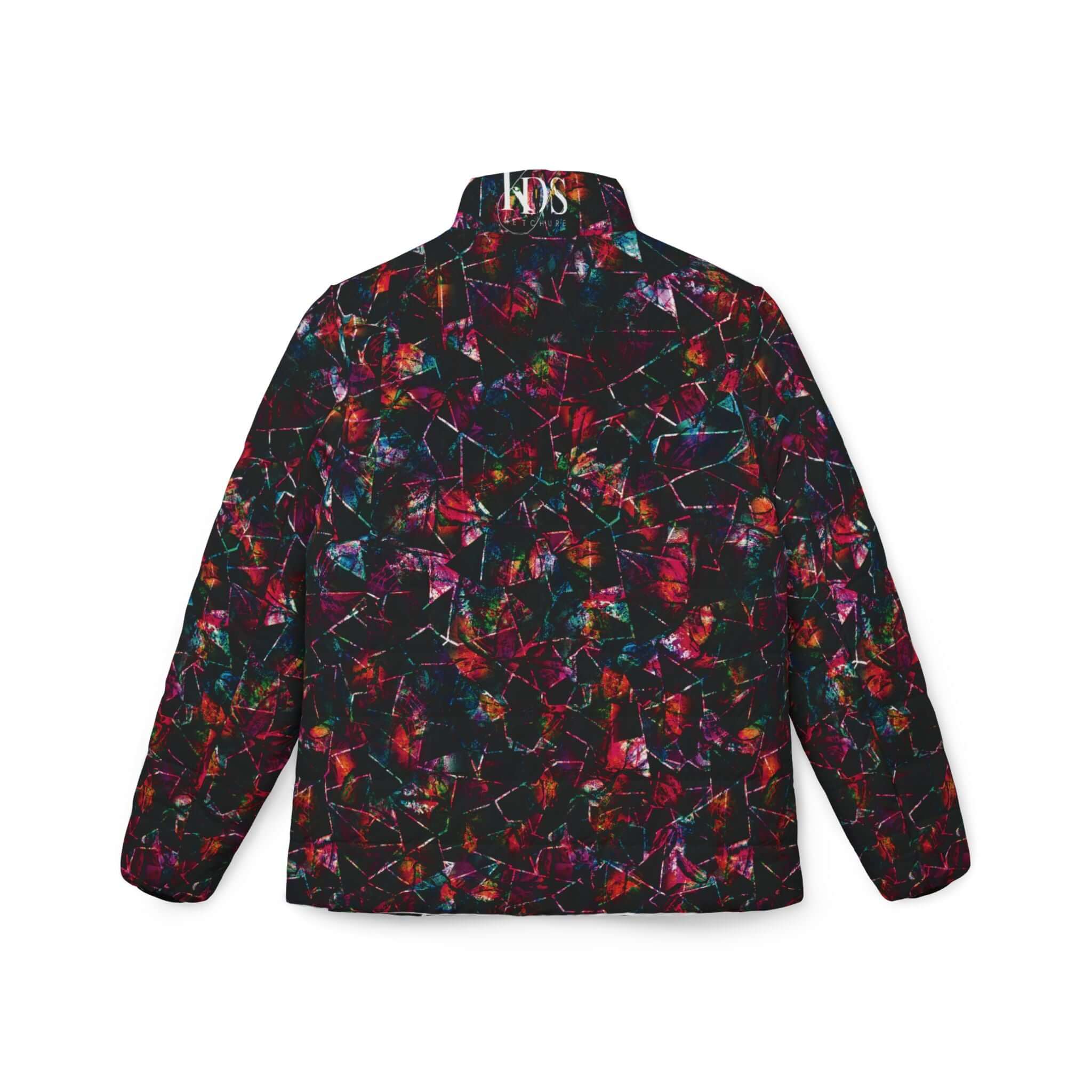 Women's Luminous Fracture Puffer Jacket with neon fractured glass print, showcasing vibrant, chaotic design and modern fashion aesthetics.