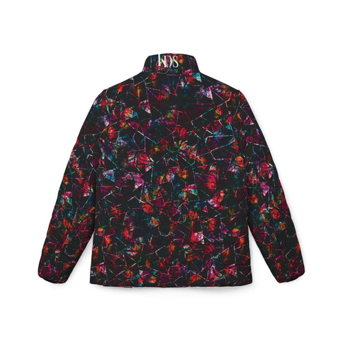 Women's Luminous Fracture Puffer Jacket with neon fractured glass print, showcasing vibrant, chaotic design and modern fashion aesthetics.