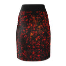 Mosaic Crimson Pencil Skirt with vivid red and black mosaic pattern, stylish and sophisticated design for a modern wardrobe.