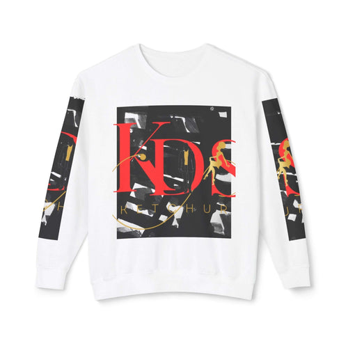 Men’s Artistry Crewneck Sweatshirt with graphic letters and collage-style design on soft white fabric.