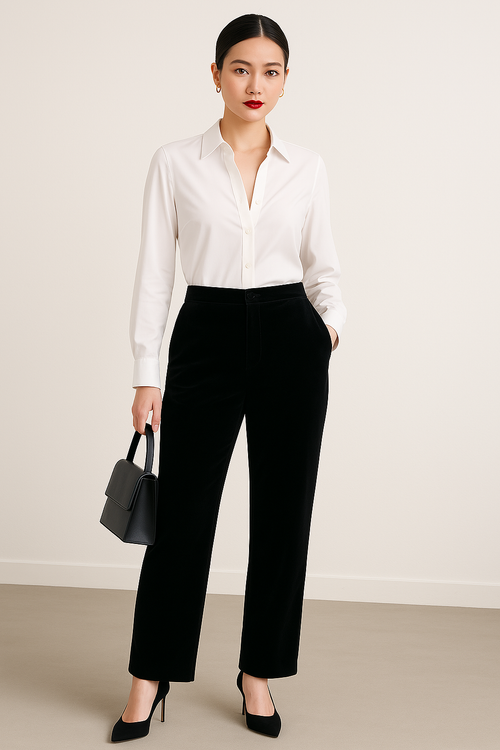 Woman in elegant black velvet golden trousers and white shirt, showcasing high-waisted straight-leg style.