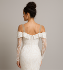 Elegant back view of Ethereal Embroidered Lace Gown with sheer lace sleeves and beaded straps.