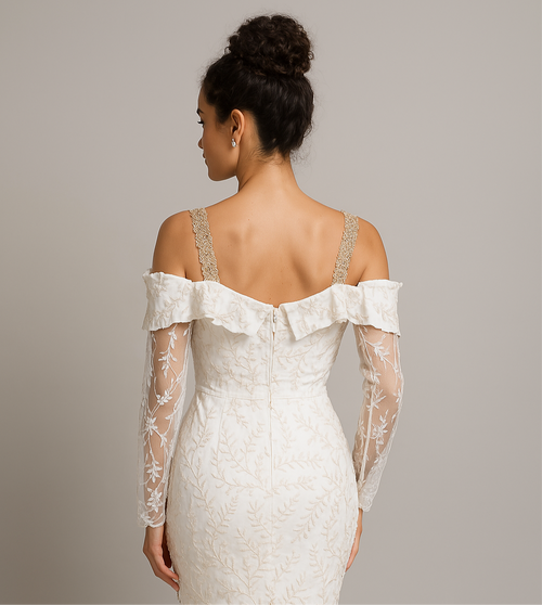Elegant back view of Ethereal Embroidered Lace Gown with sheer lace sleeves and beaded straps.