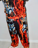 Divine Flame Trousers with bold fire print, perfect for stylish men seeking a unique fashion statement.