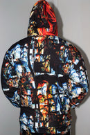 Back view of Divine Fire Men’s Hoodie featuring vibrant abstract print and urban style design.