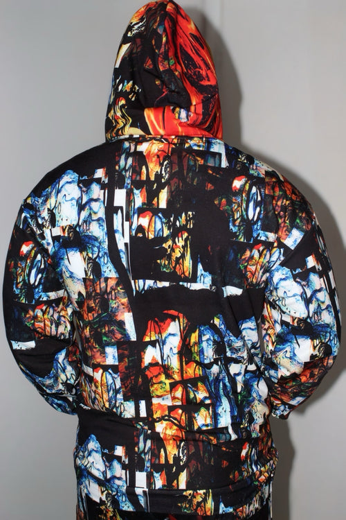 Back view of Divine Fire Men’s Hoodie featuring vibrant abstract print and urban style design.