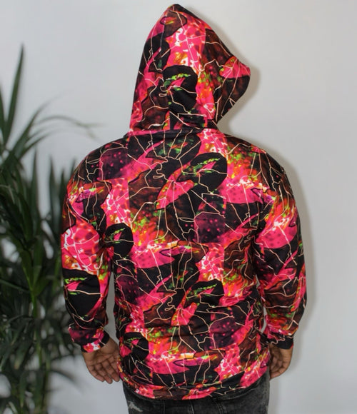 Back view of the Crimson Peacock Mosaic Men’s Hoodie featuring vibrant pink, red, and black geometric patterns.