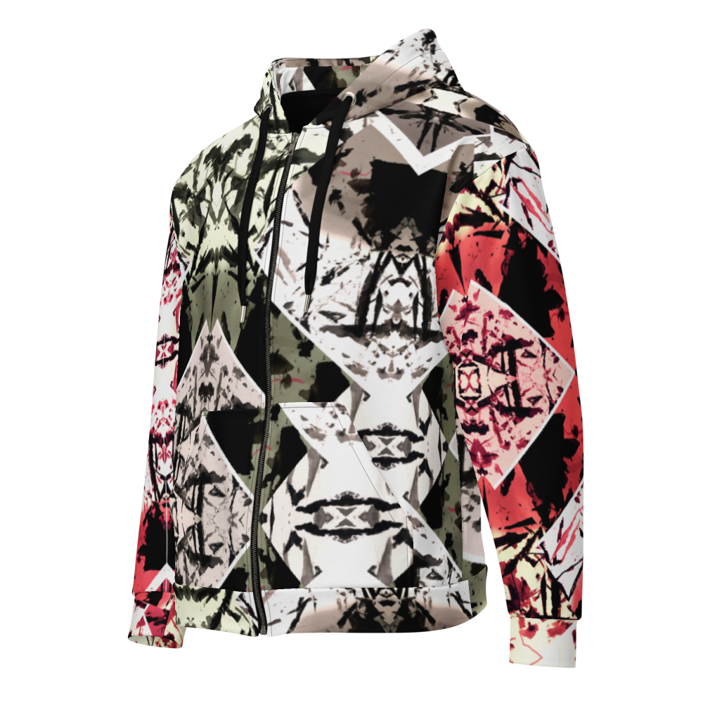 Red GeoLux Unisex Hoodie with geometric design, sustainable fabric, side view.