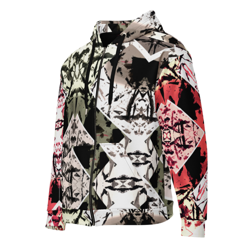 Red GeoLux Unisex Hoodie with geometric design, sustainable fabric, side view.