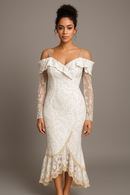 Ethereal embroidered lace gown with off-the-shoulder design and sheer lace sleeves, featuring 3D floral details.