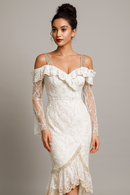 Elegant Ethereal Embroidered Lace Gown with off-the-shoulder design and sheer lace sleeves by KDS Ketchure.