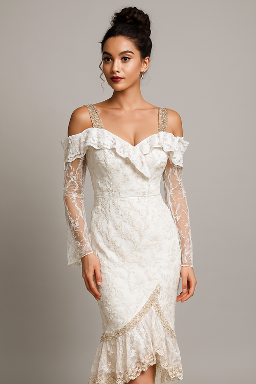 Elegant Ethereal Embroidered Lace Gown with off-the-shoulder design and sheer lace sleeves by KDS Ketchure.