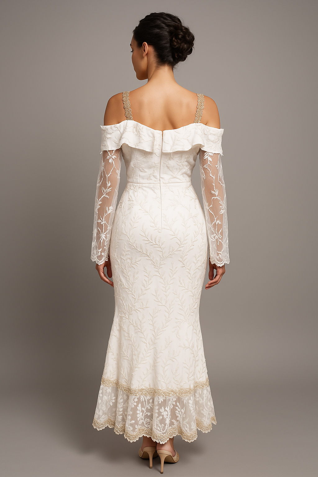 Back view of the Ethereal Embroidered Lace Gown featuring sheer lace sleeves and a scalloped hem, highlighting elegant design.