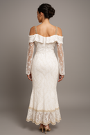 Back view of the Ethereal Embroidered Lace Gown featuring sheer lace sleeves and a scalloped hem, highlighting elegant design.