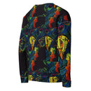 Urban Peacock Mirage sweater with vibrant peacock design in red, green, and blue; a bold fashion statement.