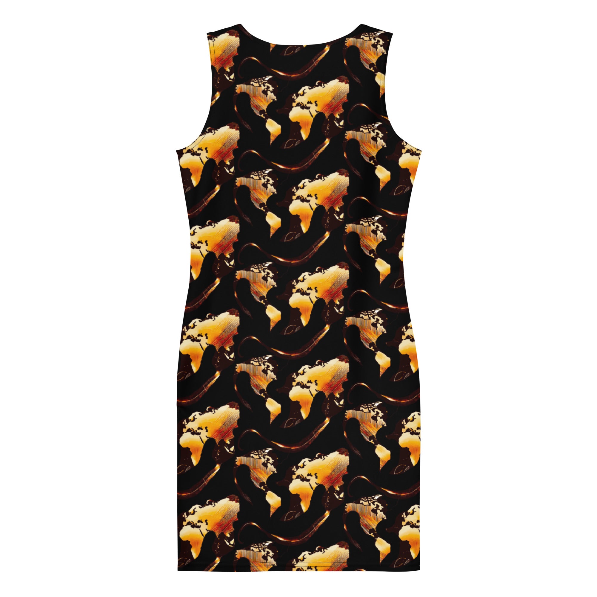 Midnight Flame Bodycon Dress featuring bold fiery print on a black backdrop with abstract patterns.