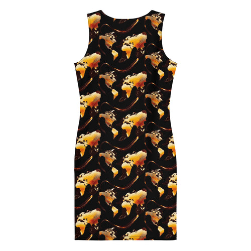 Midnight Flame Bodycon Dress featuring bold fiery print on a black backdrop with abstract patterns.