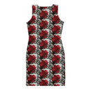 Back view of the Red Rose Bodycon Dress with vibrant red rose print on a monochrome background.