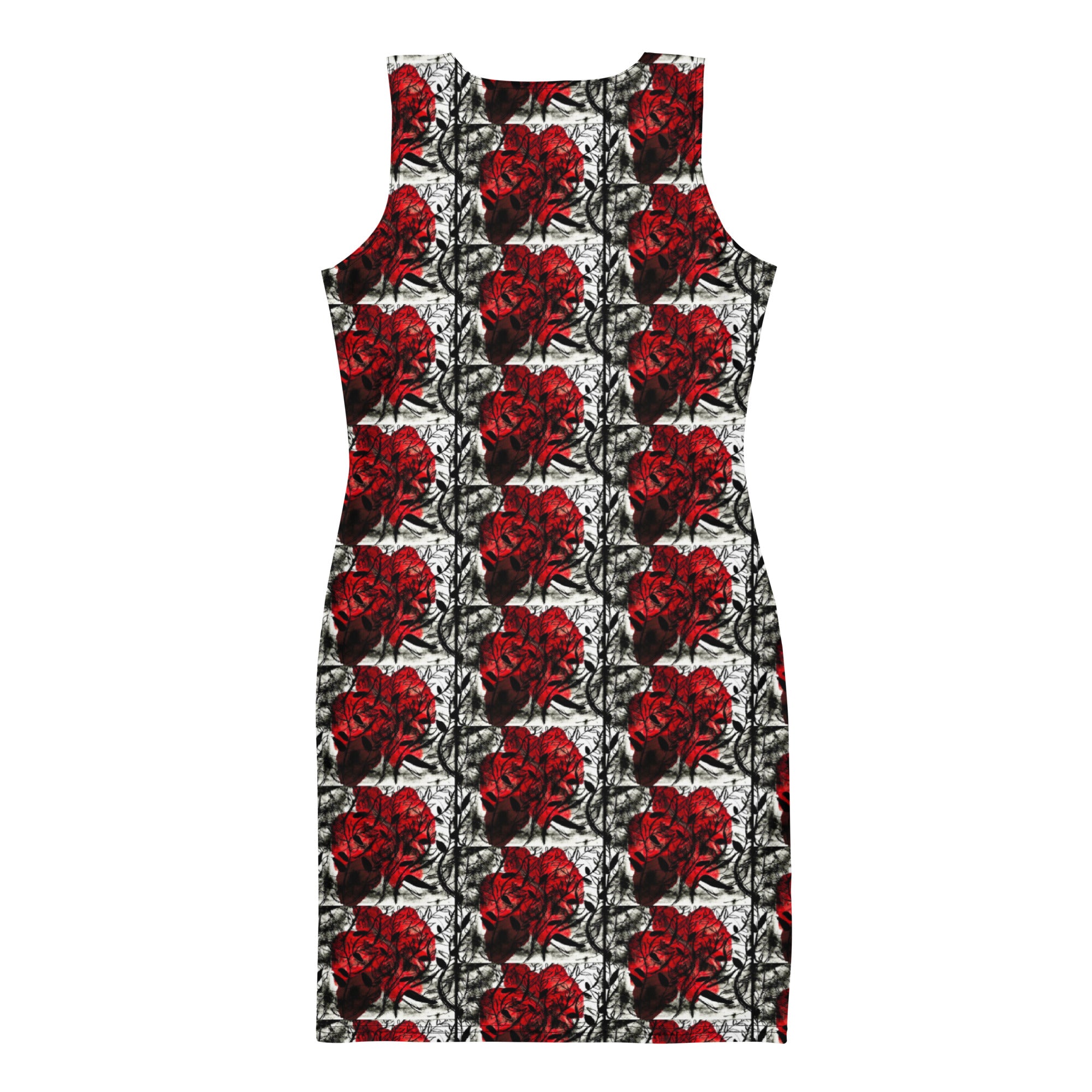 Back view of the Red Rose Bodycon Dress with vibrant red rose print on a monochrome background.