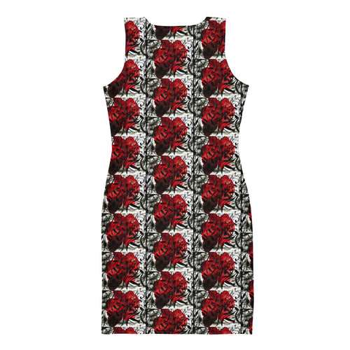 Back view of the Red Rose Bodycon Dress with vibrant red rose print on a monochrome background.