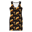 Midnight Flame Bodycon Dress with vibrant orange and yellow abstract flame print on a black background.