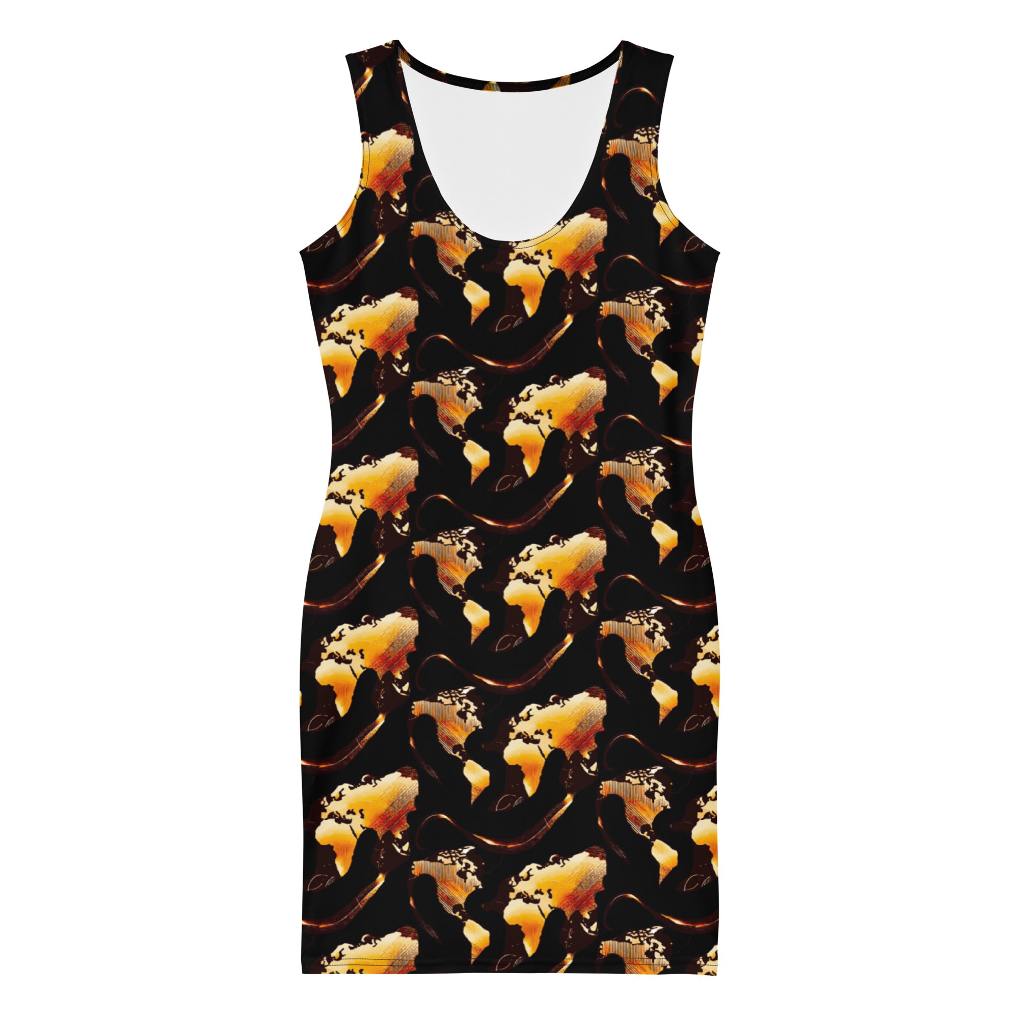 Midnight Flame Bodycon Dress with vibrant orange and yellow abstract flame print on a black background.