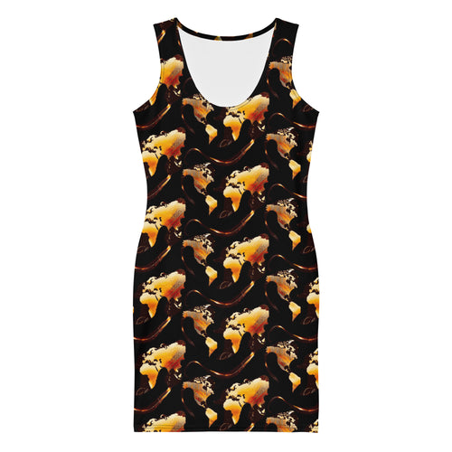 Midnight Flame Bodycon Dress with vibrant orange and yellow abstract flame print on a black background.