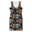 Divine Paradise Inferno Bodycon Dress featuring vibrant stained glass print, perfect for bold night-out style.