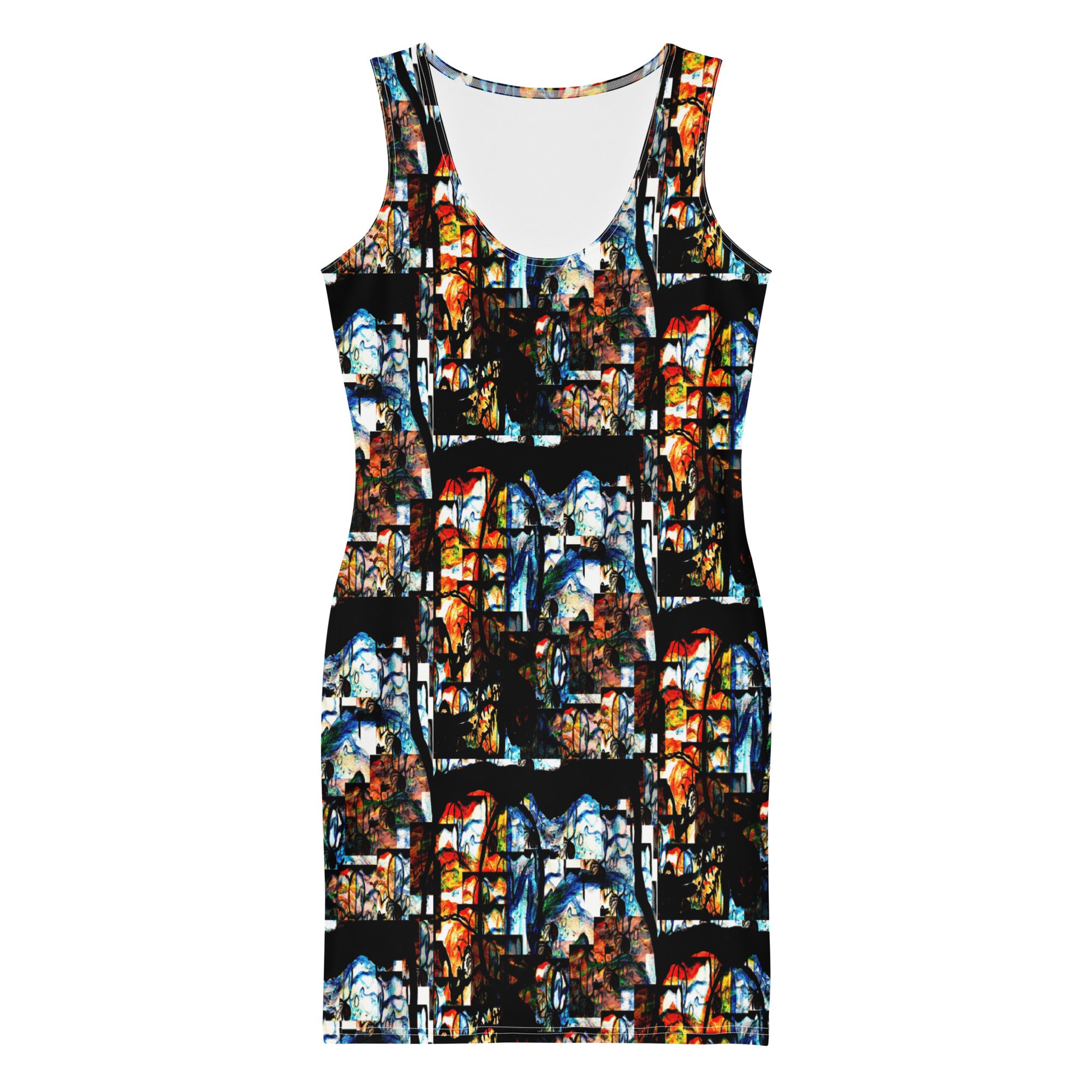Divine Paradise Inferno Bodycon Dress featuring vibrant stained glass print, perfect for bold night-out style.