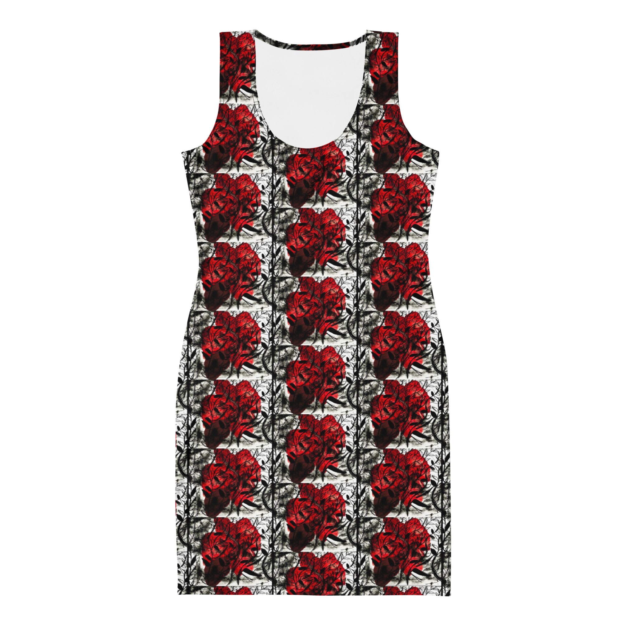 Vibrant Red Rose Bodycon Dress with all-over floral print against a monochrome background.