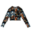 Divine Paradise Inferno long-sleeve crop top featuring a vibrant, multi-colored print for eco-friendly fashion.