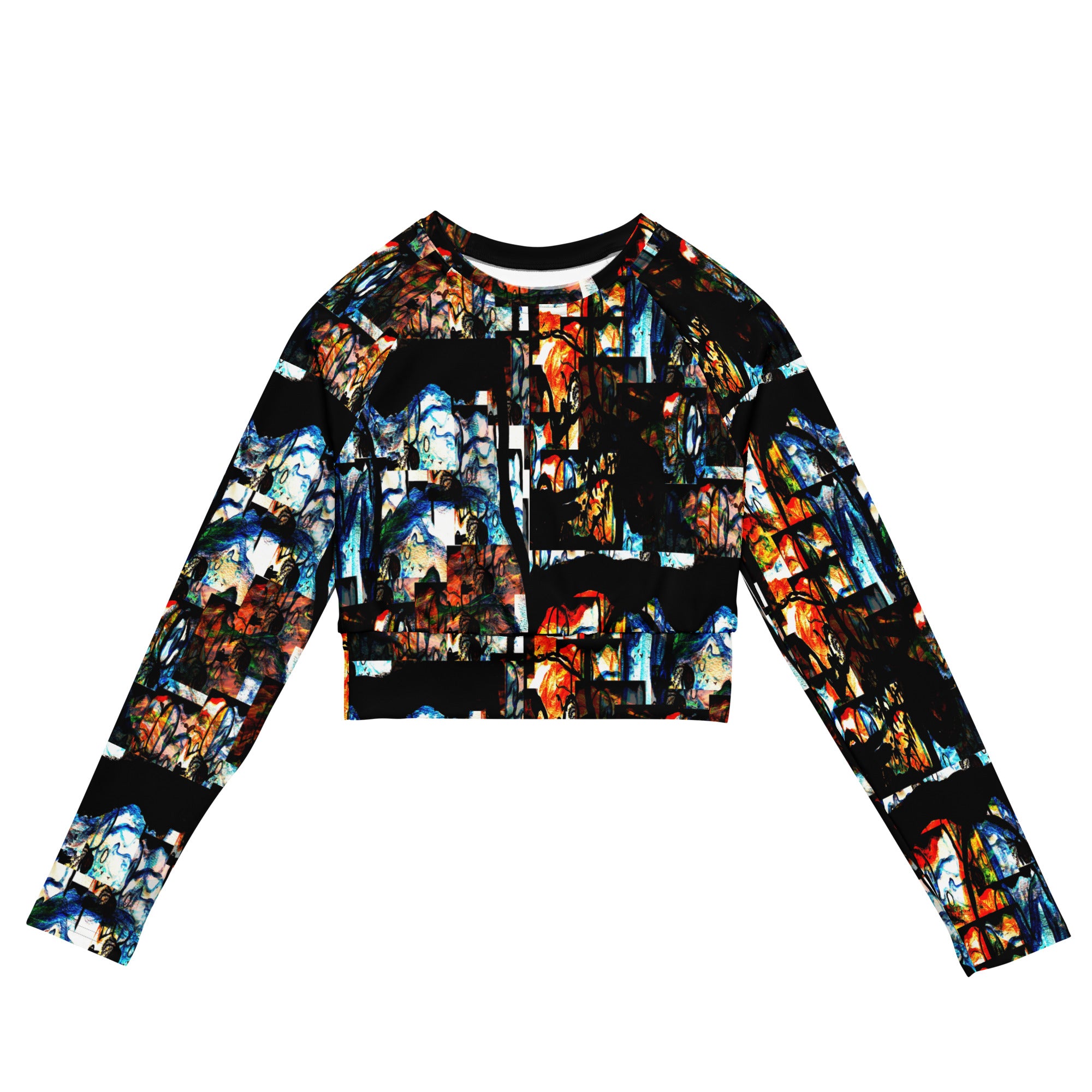 Divine Paradise Inferno long-sleeve crop top featuring a vibrant, multi-colored print for eco-friendly fashion.