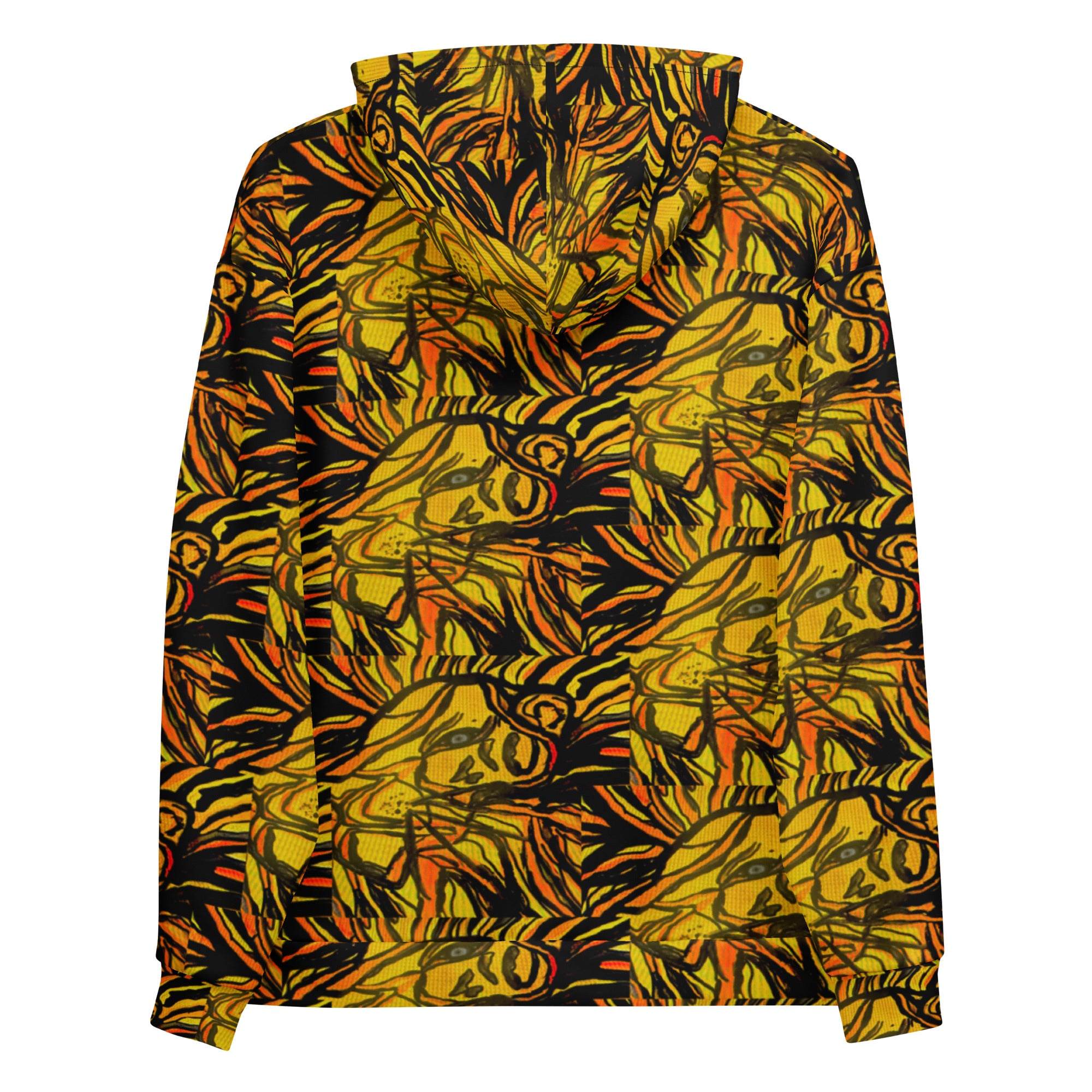 Back view of Lion Ember Crown hoodie featuring a vibrant tiger and lion print design.