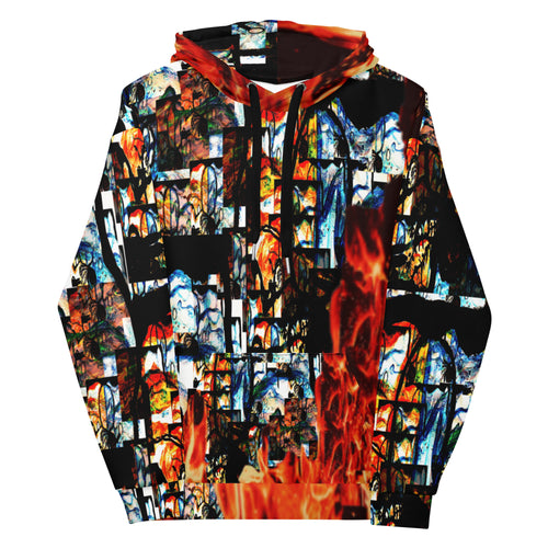 Divine Fire Men’s Hoodie with bold fire-inspired print and abstract urban design for stylish comfort.