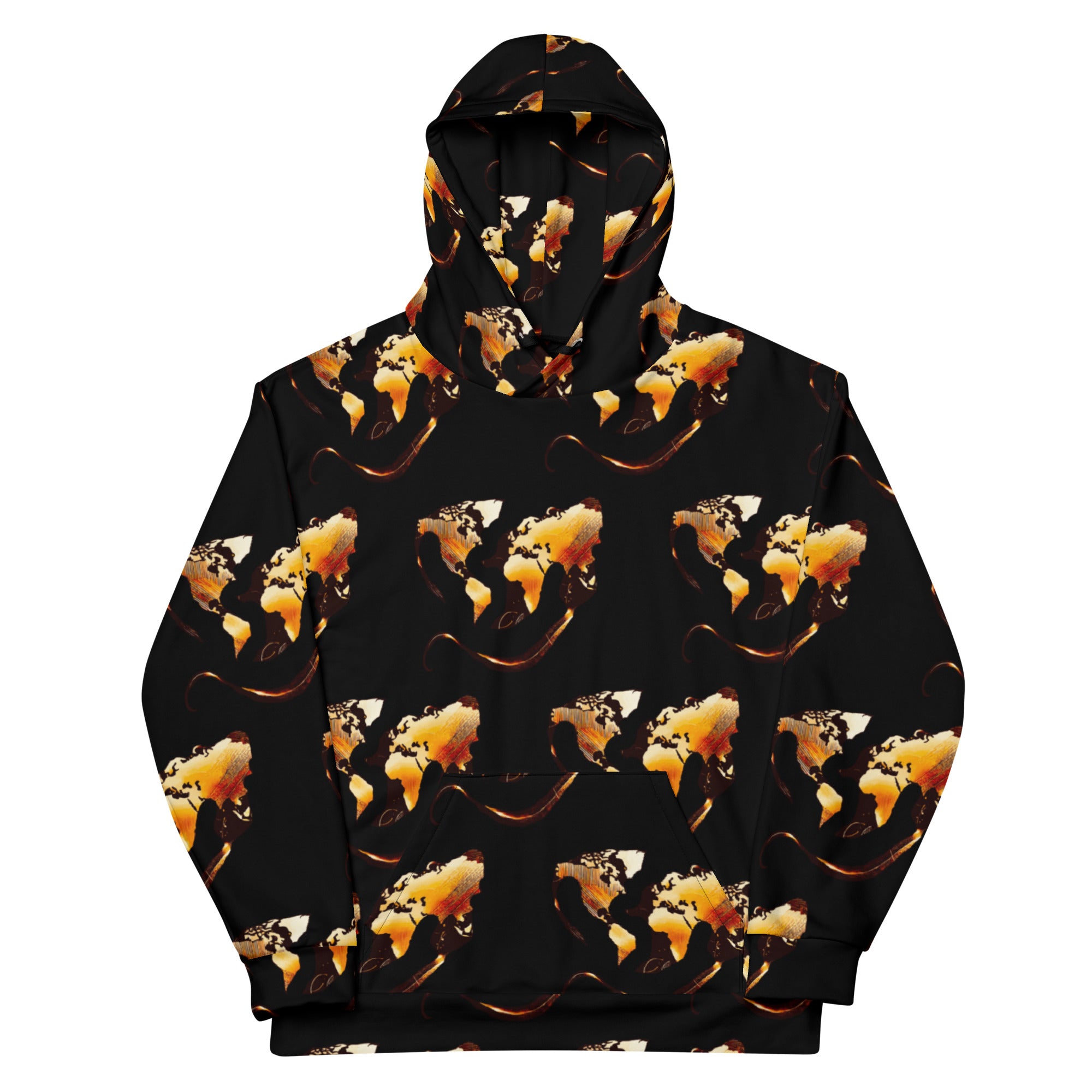 Midnight Flame Hoodie featuring a bold abstract world map print on a black background, ideal for urban style.
