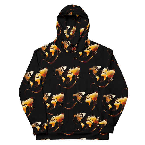 Midnight Flame Hoodie featuring a bold abstract world map print on a black background, ideal for urban style.