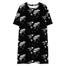 Midnight Silver Eclipse T-shirt Dress featuring a bold black and silver abstract world map print design.