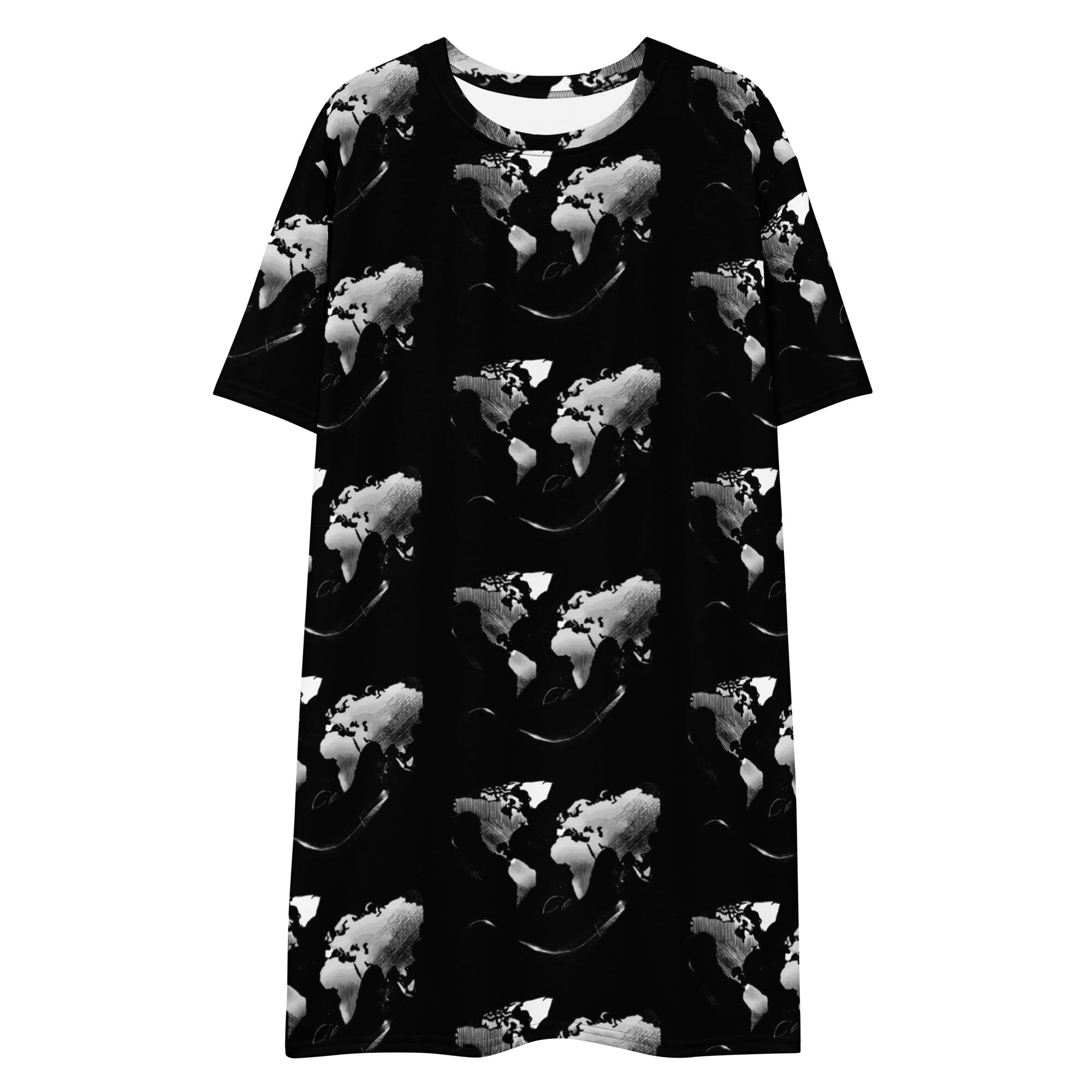 Midnight Silver Eclipse T-shirt Dress featuring a bold black and silver abstract world map print design.