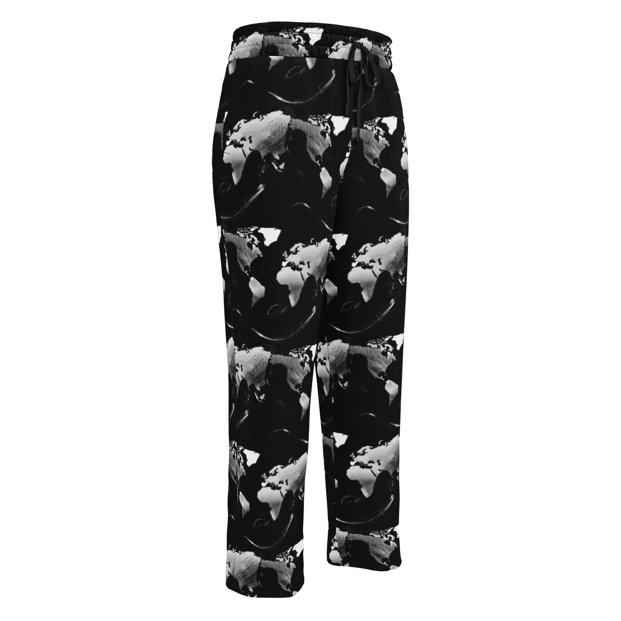 Midnight Silver Eclipse Wide-Leg Joggers showcasing a bold black and white abstract print with celestial design.
