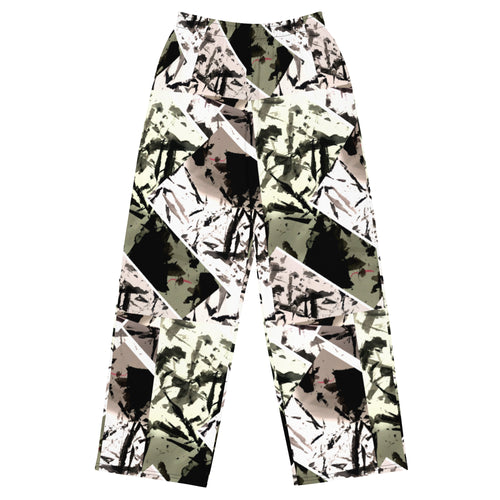 GeoLux unisex wide-leg pants with abstract pattern and adjustable waist, offering comfort and urban chic style.
