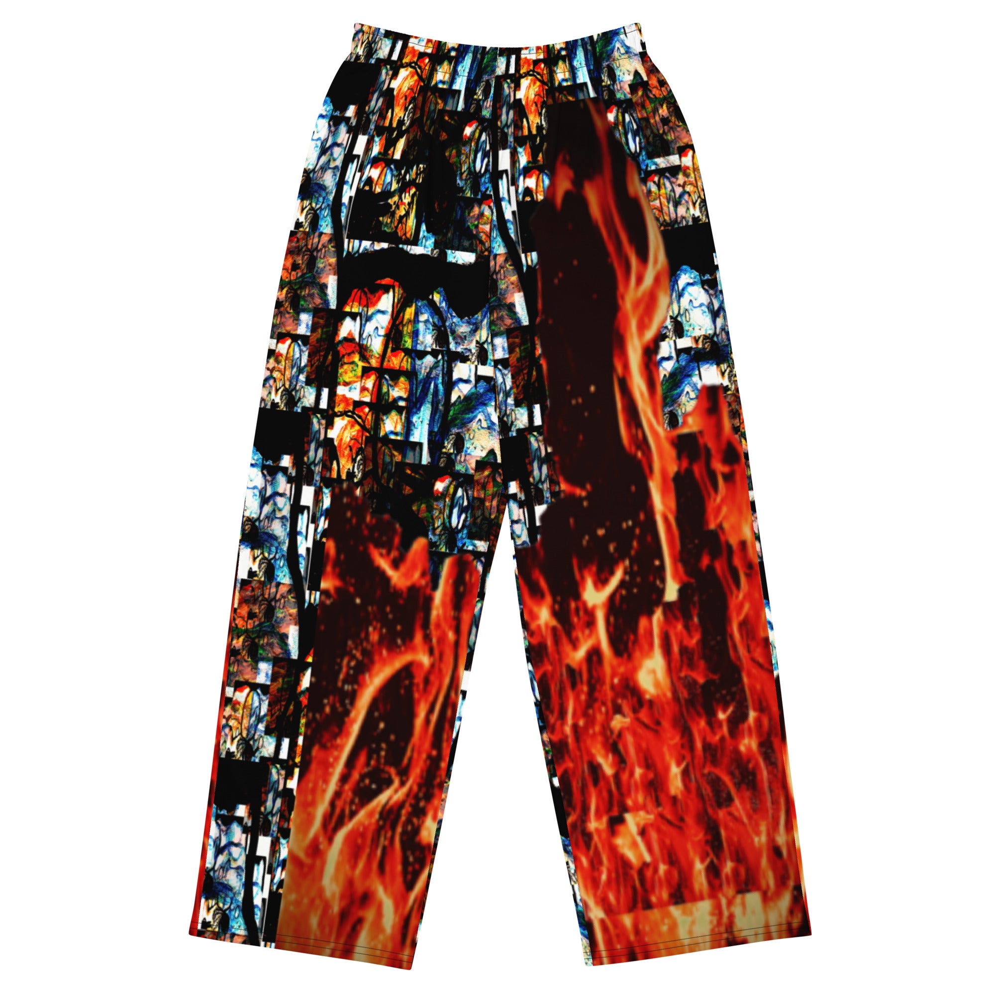 Divine Flame Trousers featuring bold fire print in a wide-leg style, perfect for daring fashionistas.