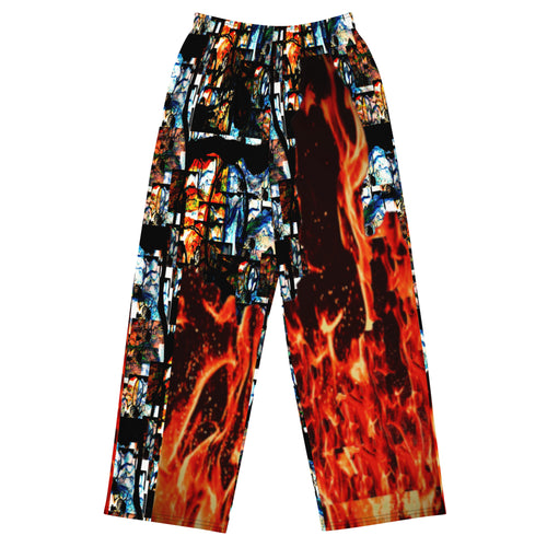 Divine Flame Trousers featuring bold fire print in a wide-leg style, perfect for daring fashionistas.