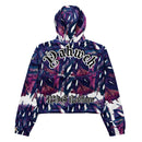 Model wearing Yahweh Statement Cropped Hoodie with abstract purple print, showcasing urban elegance and bold gothic typography.