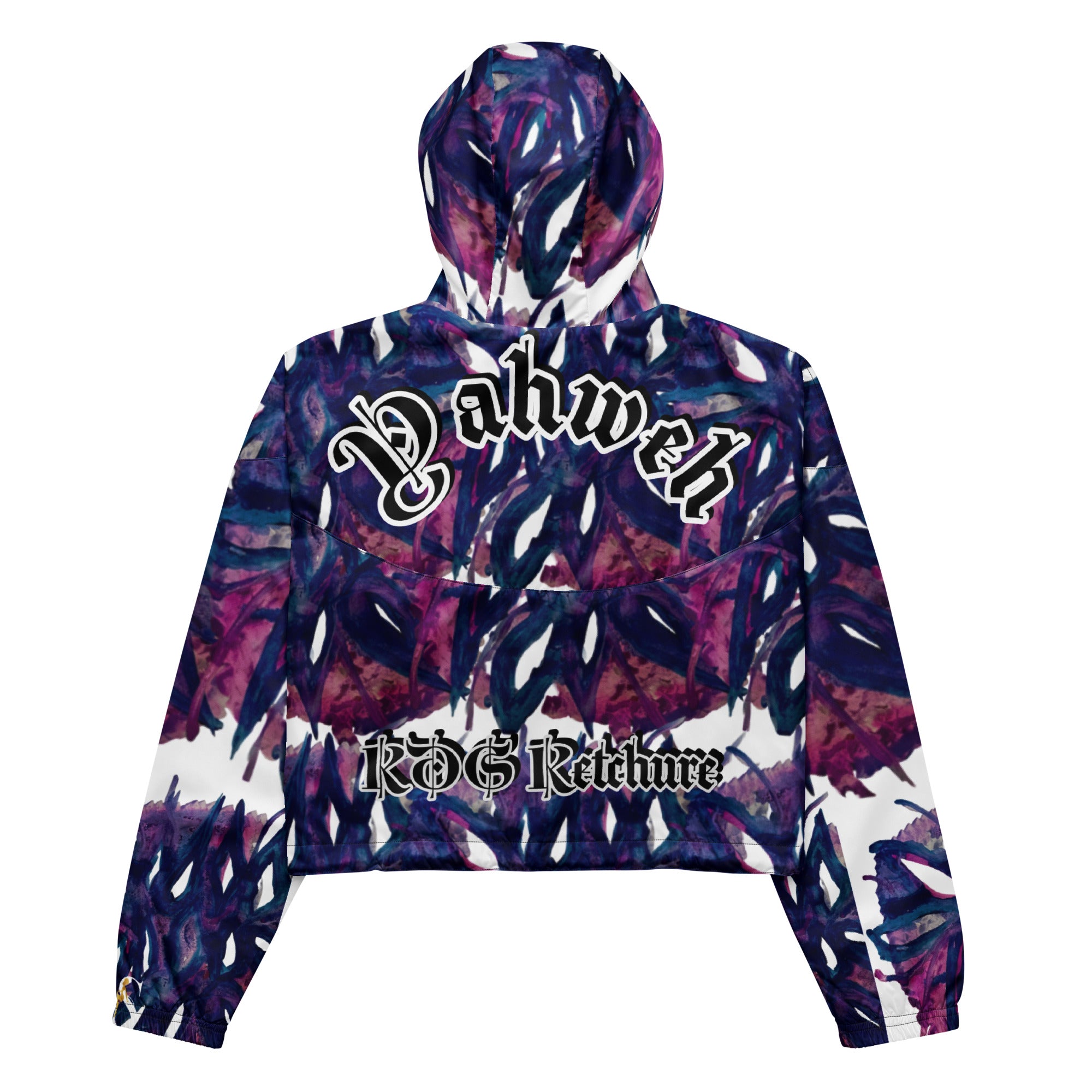 Model wearing Yahweh Statement Cropped Hoodie with abstract purple print, showcasing urban elegance and bold gothic typography.